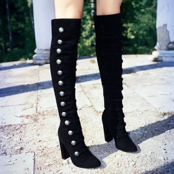 Aquazzura Shoes - RARE Aquazzura Rasputine Military Block Heel Black Suede Over the Knee Boots